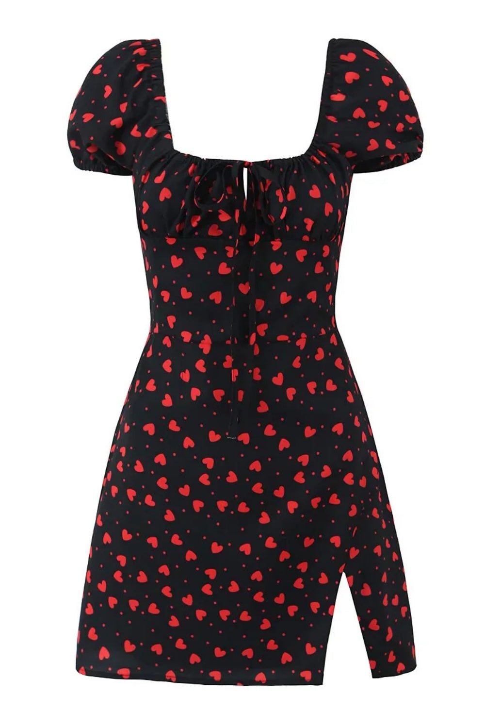Cap Sleeve Black Heart Print Short Dress with Slit