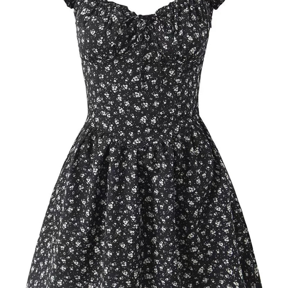 
                      
                        Puff Sleeve White Floral Print A-line Short Dress
                      
                    