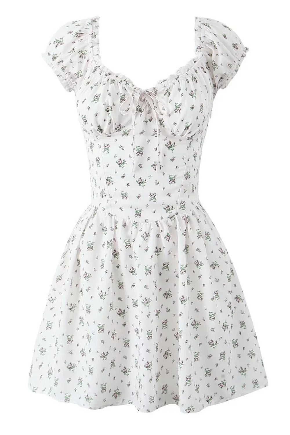 Puff Sleeve White Floral Print A-line Short Dress