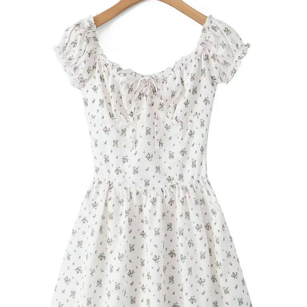 
                      
                        Puff Sleeve White Floral Print A-line Short Dress
                      
                    