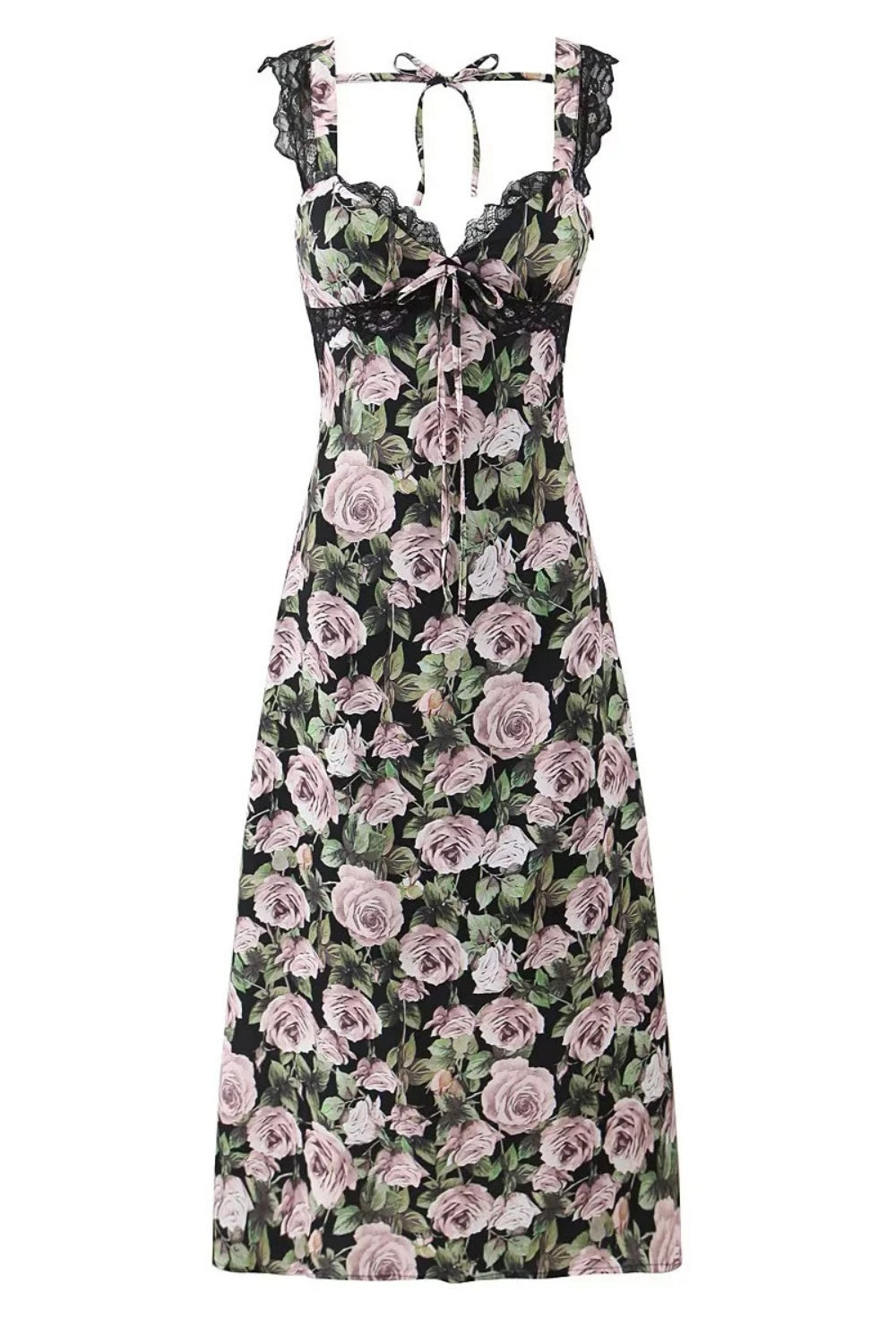V-neck Black Rose Print Sheath Long Dress