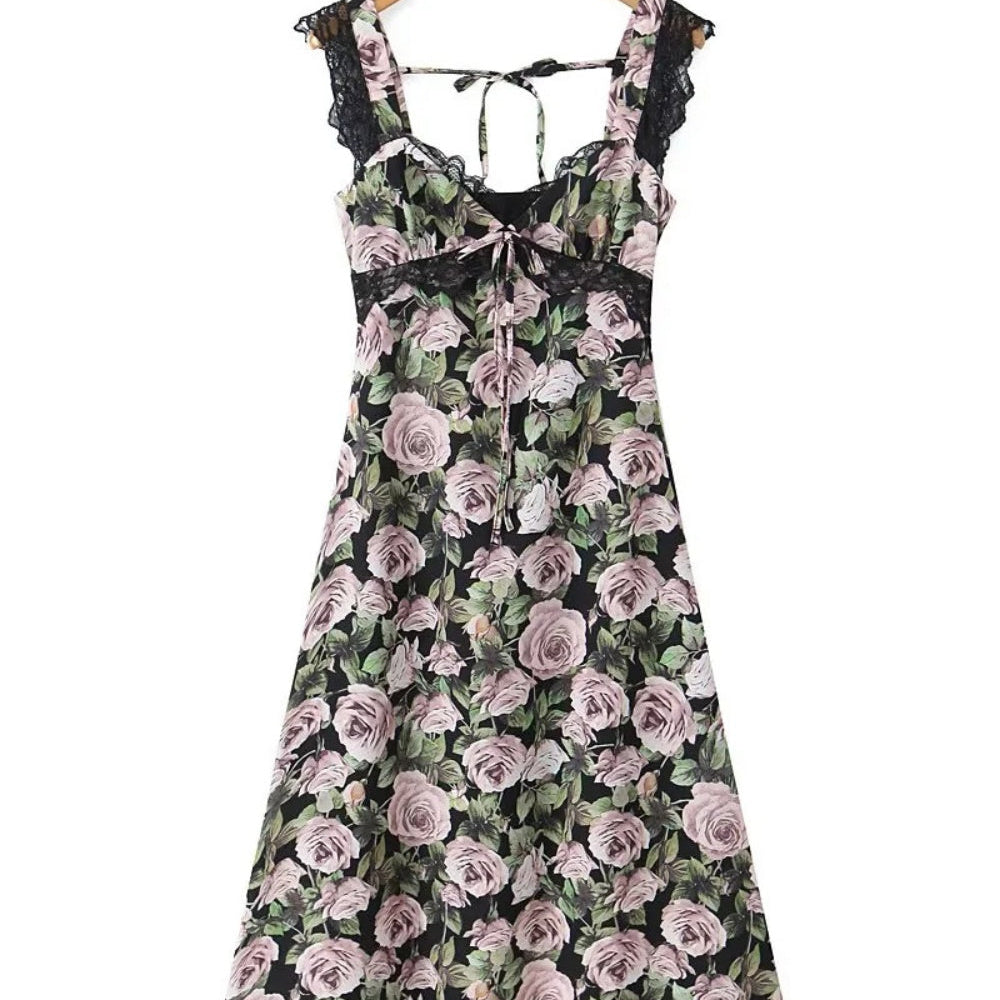 
                      
                        V-neck Black Rose Print Sheath Long Dress
                      
                    