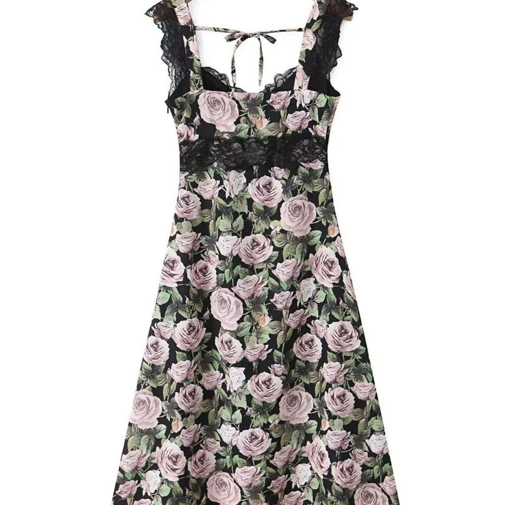 
                      
                        V-neck Black Rose Print Sheath Long Dress
                      
                    