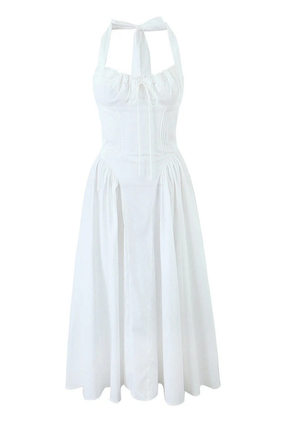 Halter White Ruched Bow Back Long Dress