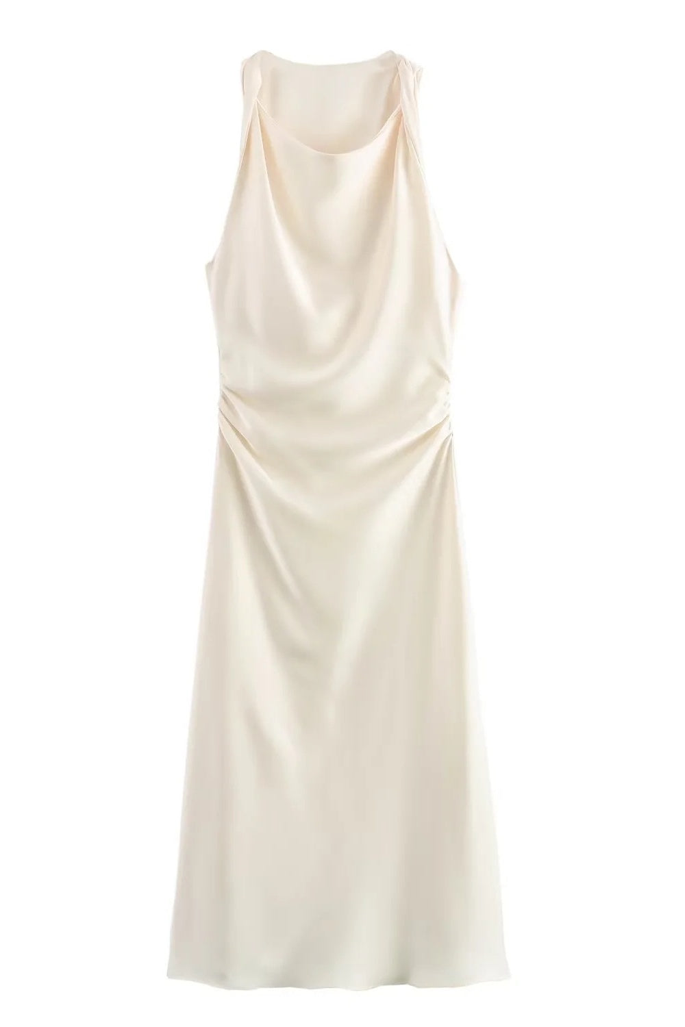 Round Neck White Ruched Long Dress