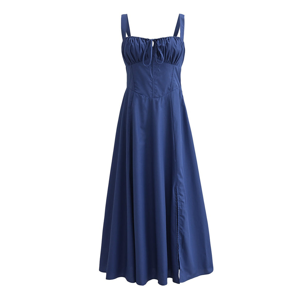 Square Neck Navy Blue Long Dress with Slit