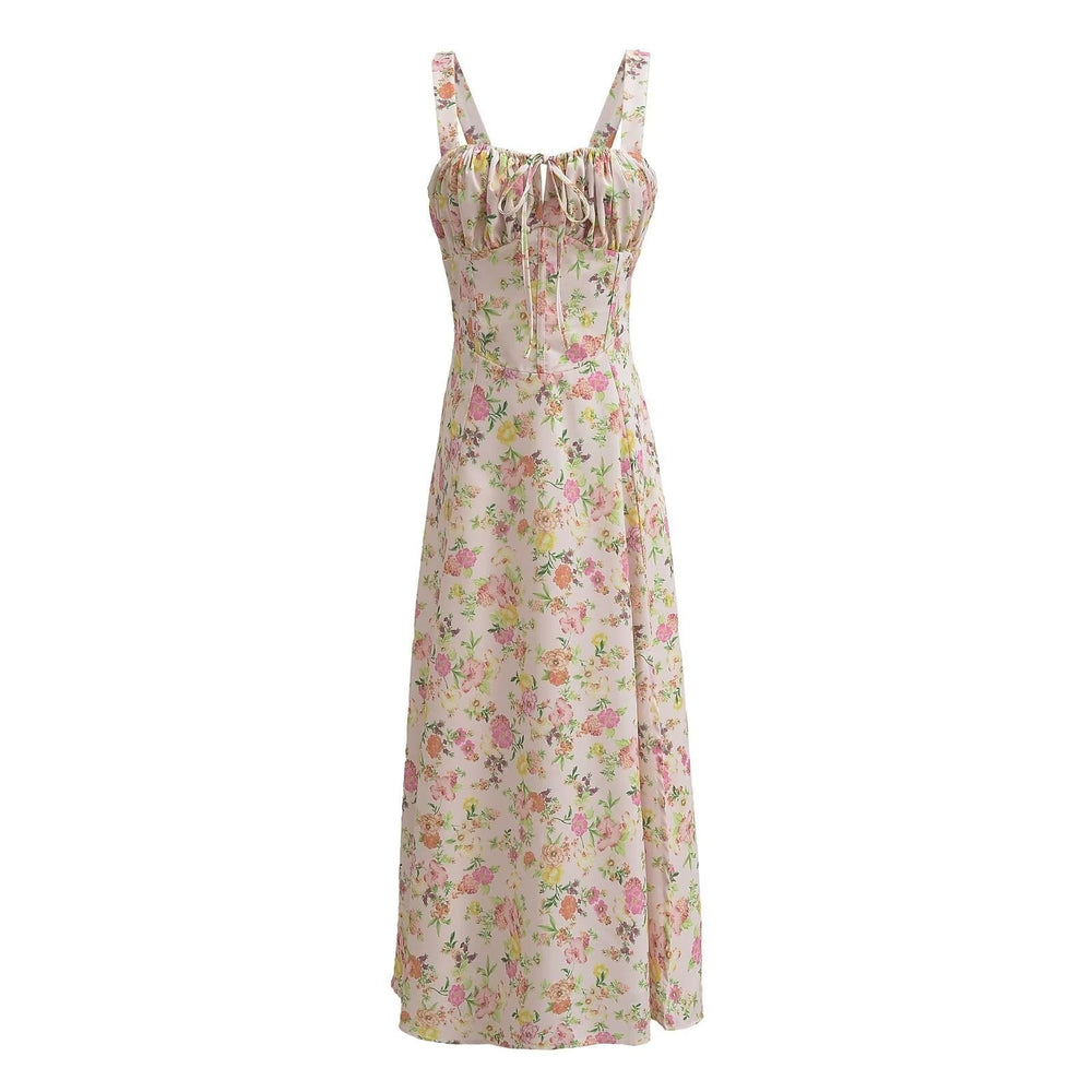 Pink Floral Print Bow Front Long Dress with Slit