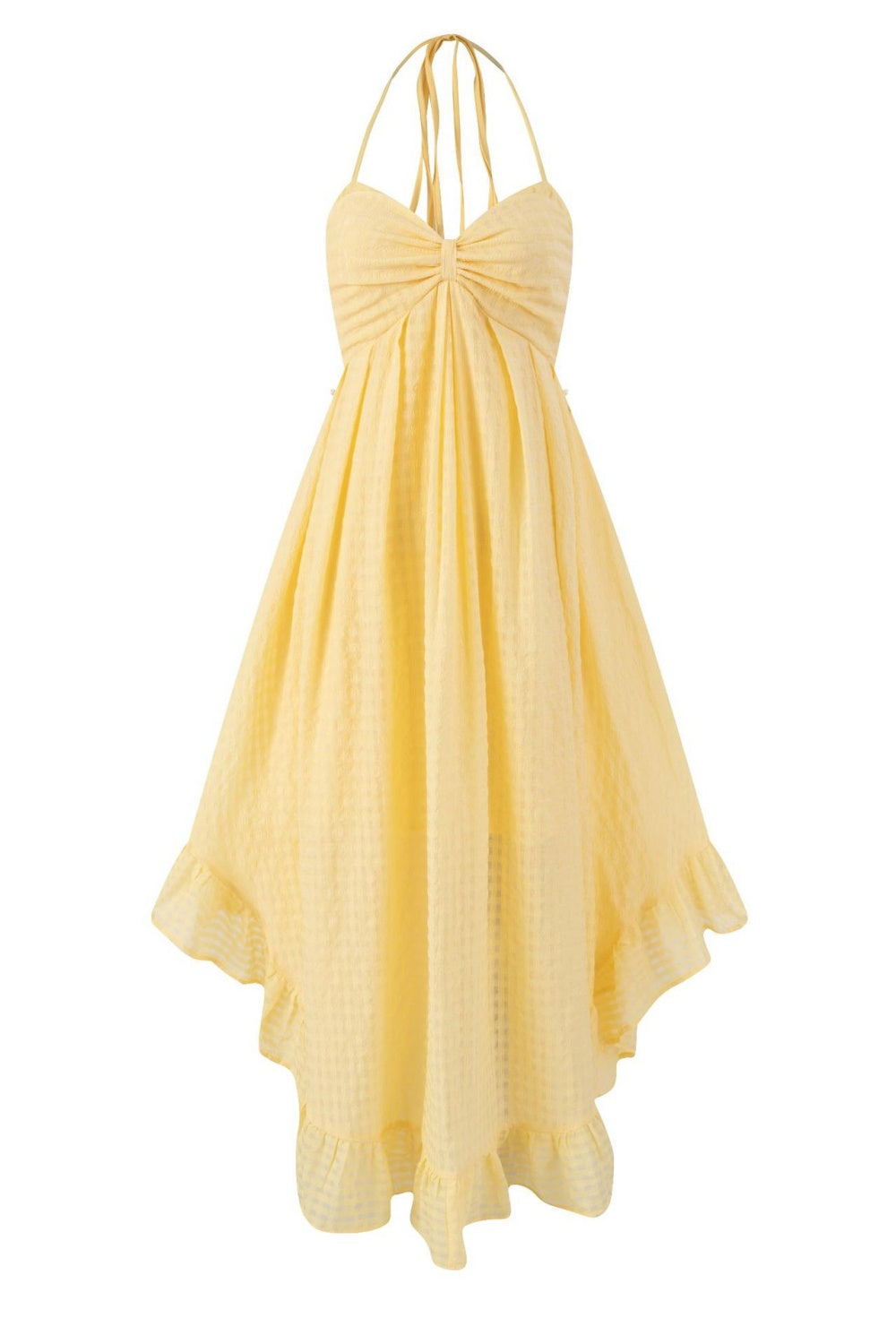 Halter Yellow Plaid Ruffled A-line Long Dress