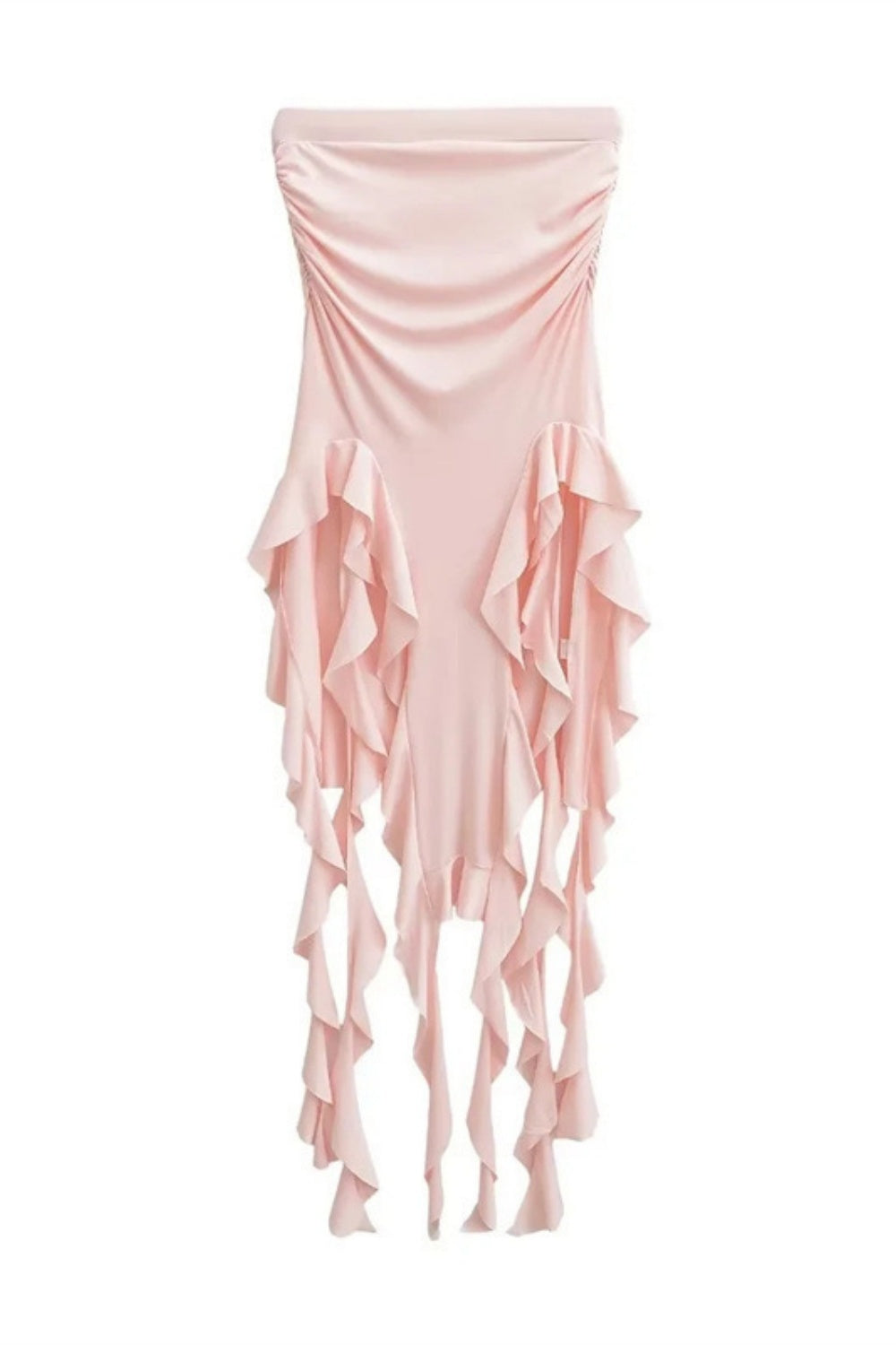 Strapless Pink Ruffle Hem Ruched Short Dress