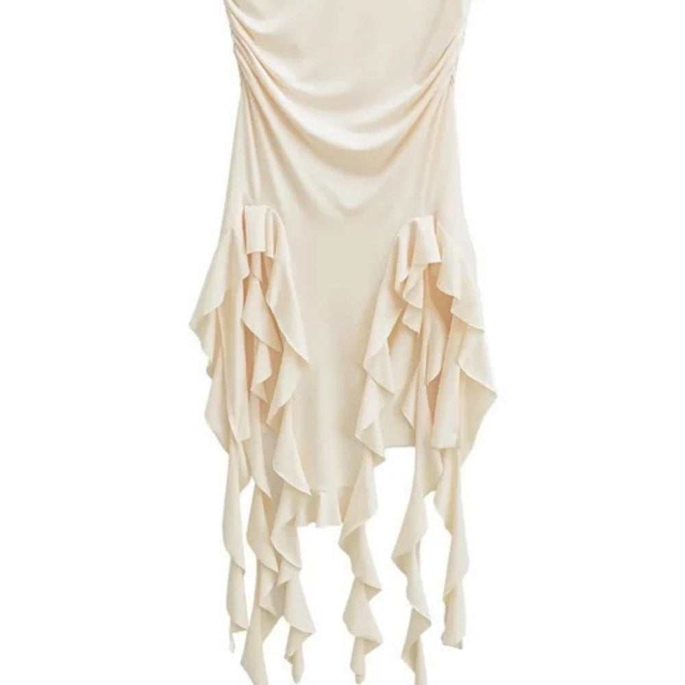 
                      
                        Strapless Pink Ruffle Hem Ruched Short Dress
                      
                    
