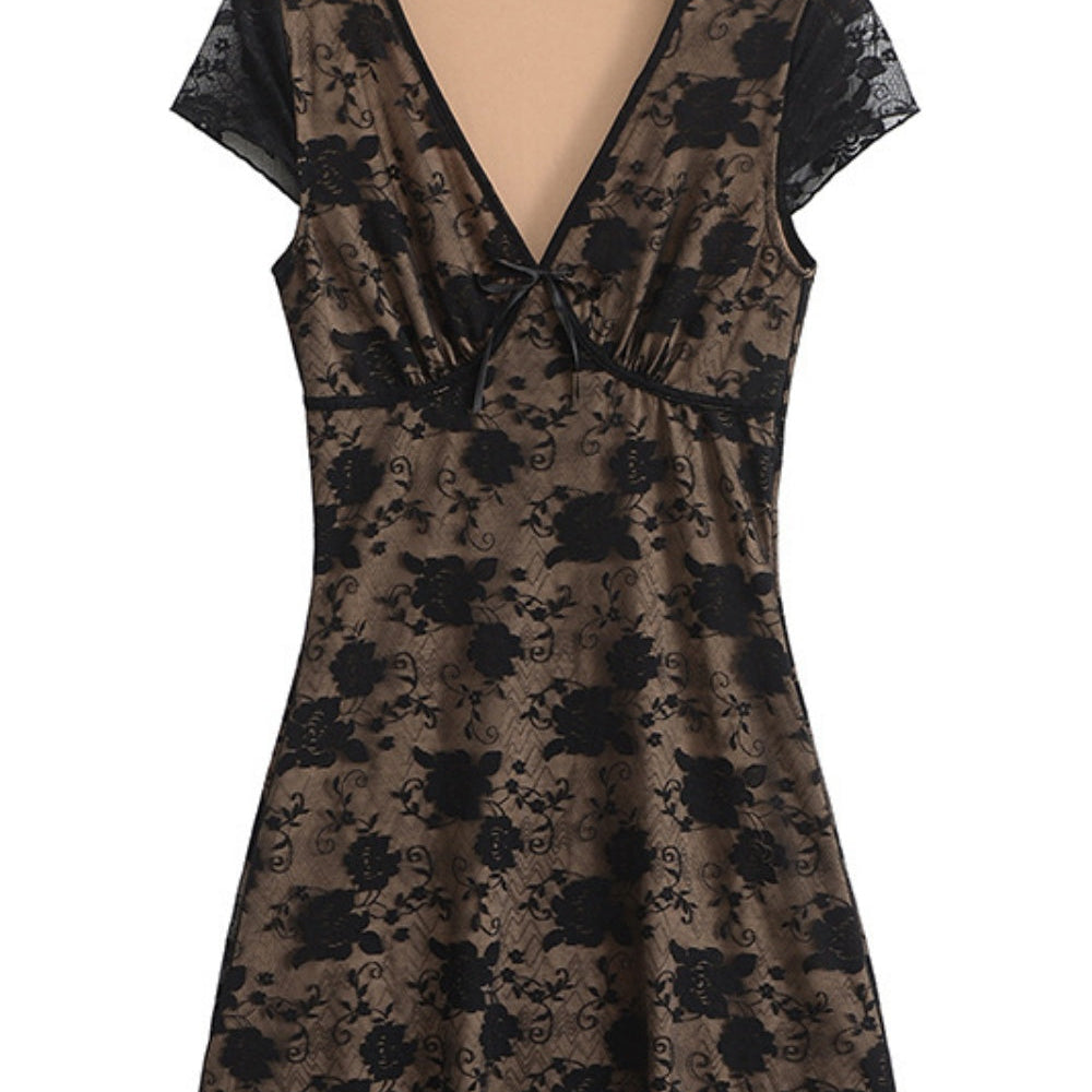 
                      
                        V-neck White Lace Flower Print Short Dress
                      
                    