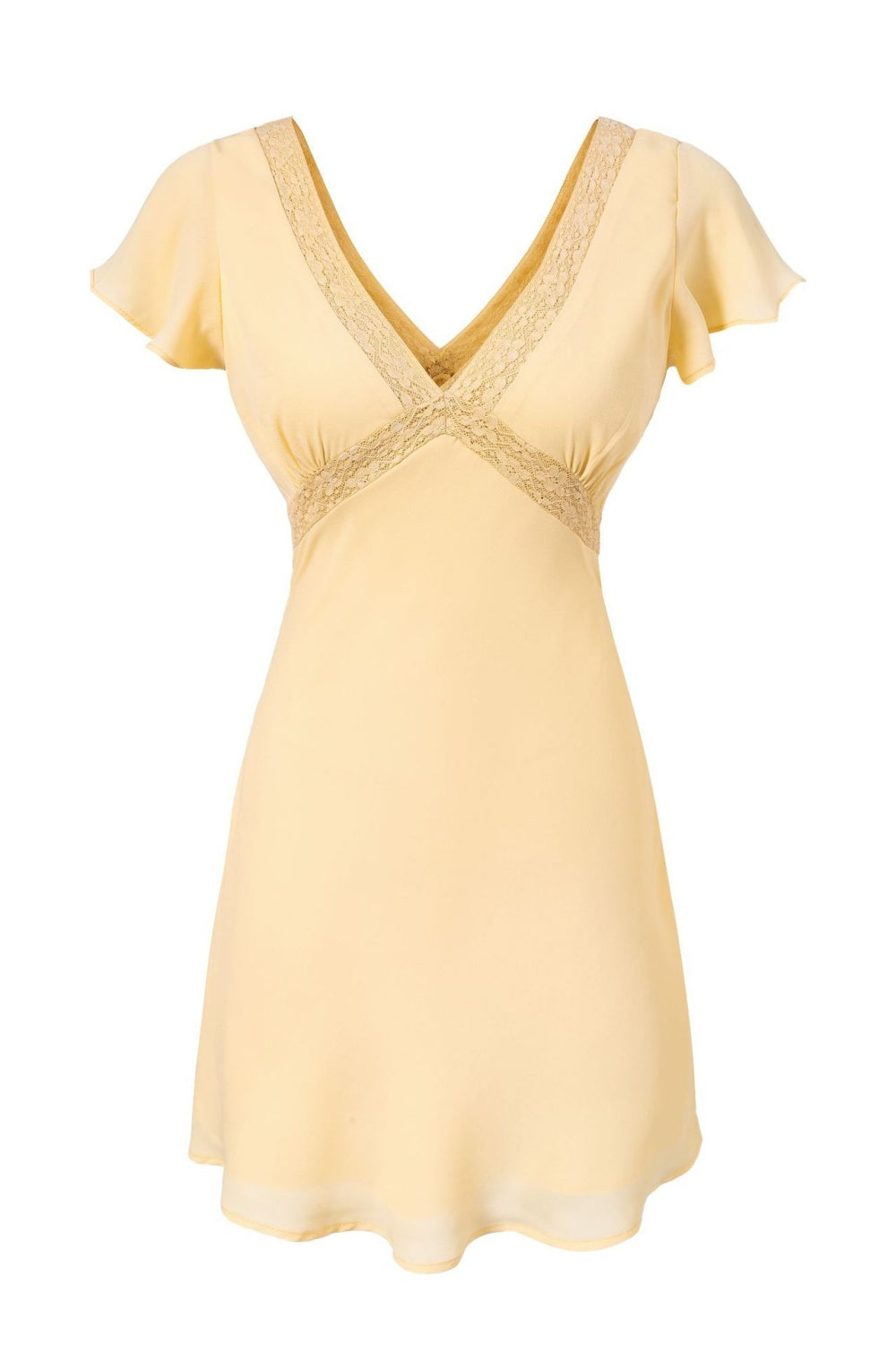 V-neck Yellow Lace Stitching Short Dress with Belt