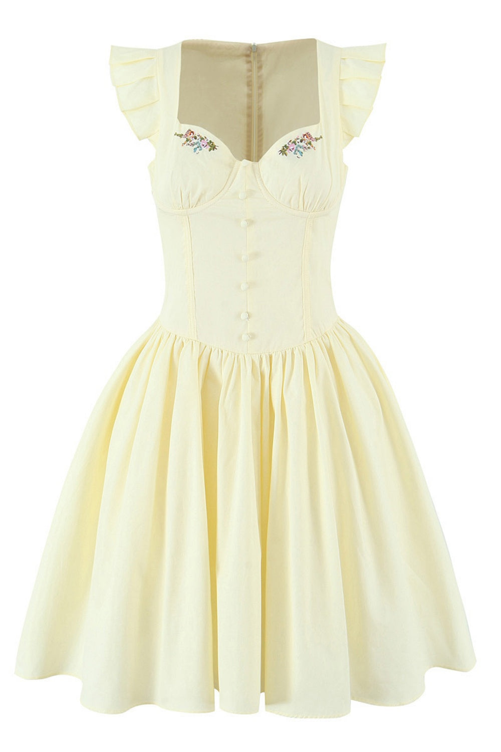 Cap Sleeve Yellow Flower Embroidery Short Dress