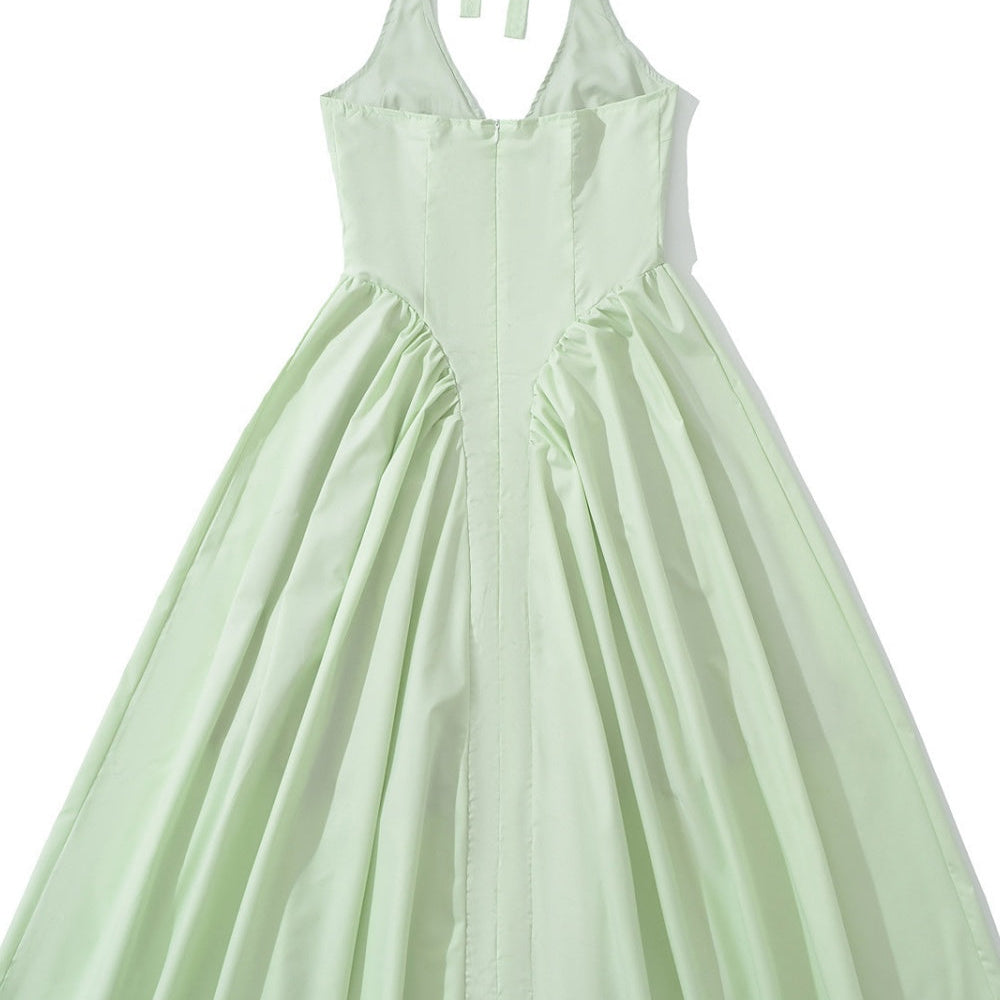 
                      
                        Halter Green Ruched A-line Long dress
                      
                    