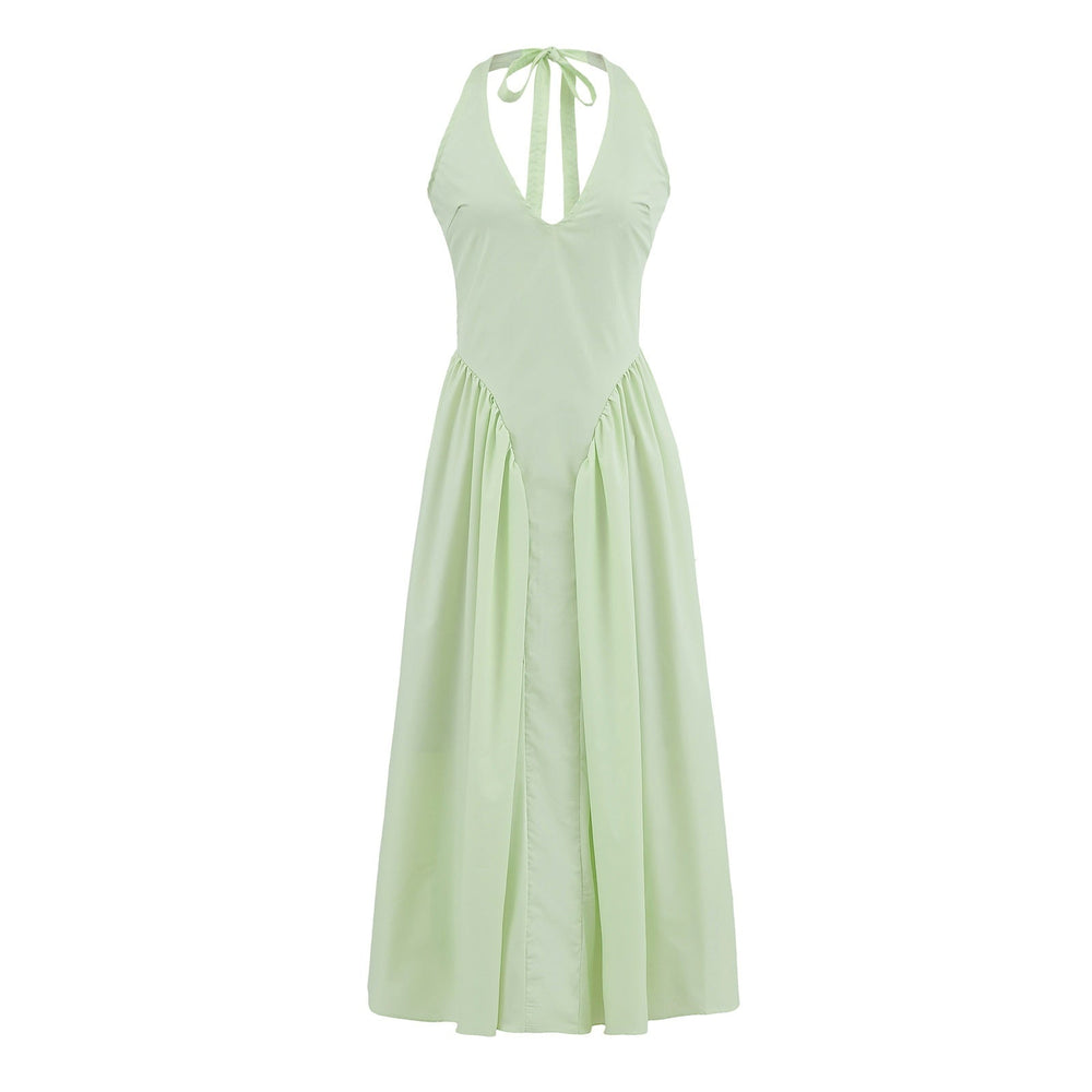 Halter Green Ruched A-line Long dress