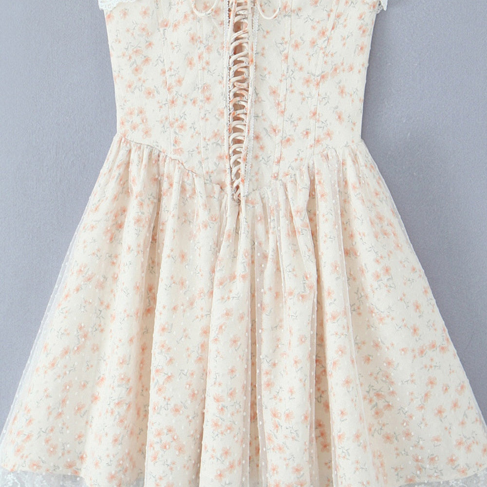 
                      
                        Strapless Apricot Floral Print Short Dress with Lace
                      
                    