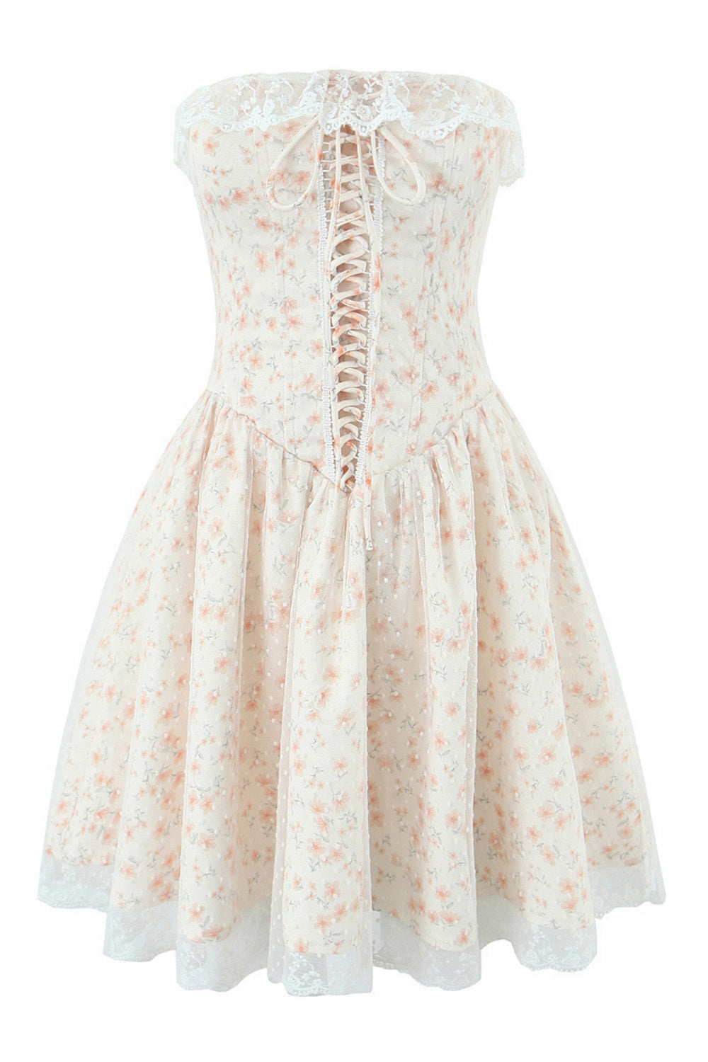 Strapless Apricot Floral Print Short Dress with Lace