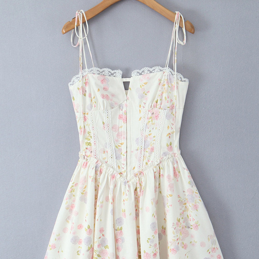 
                      
                        Strapless Apricot Floral Print Short Dress with Lace
                      
                    