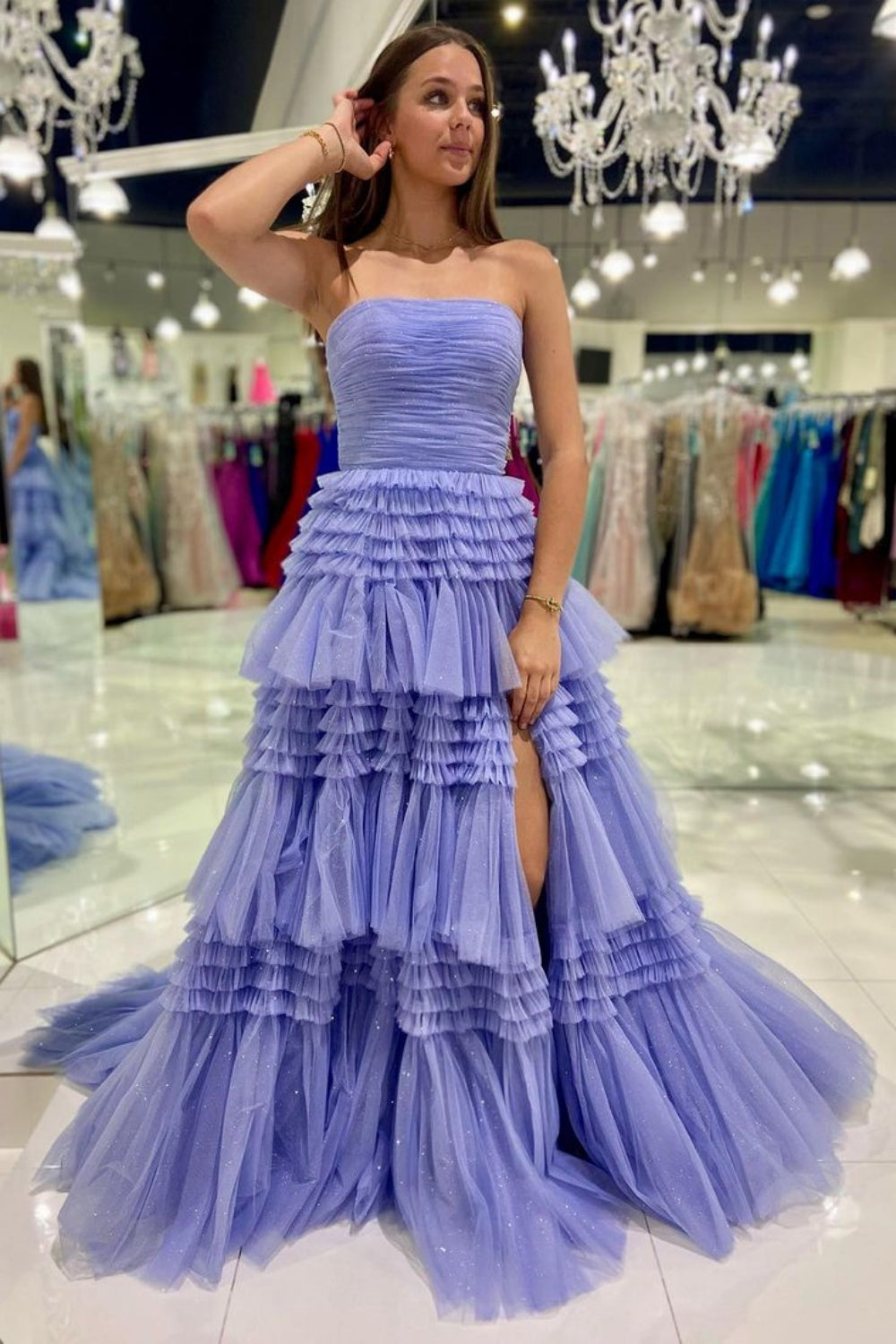 Strapless Periwinkle Tulle Tiered Ruffle Formal Dress PollyBoutique Strapless Periwinkle Tulle Tiered Ruffle Formal Dress PollyBoutique