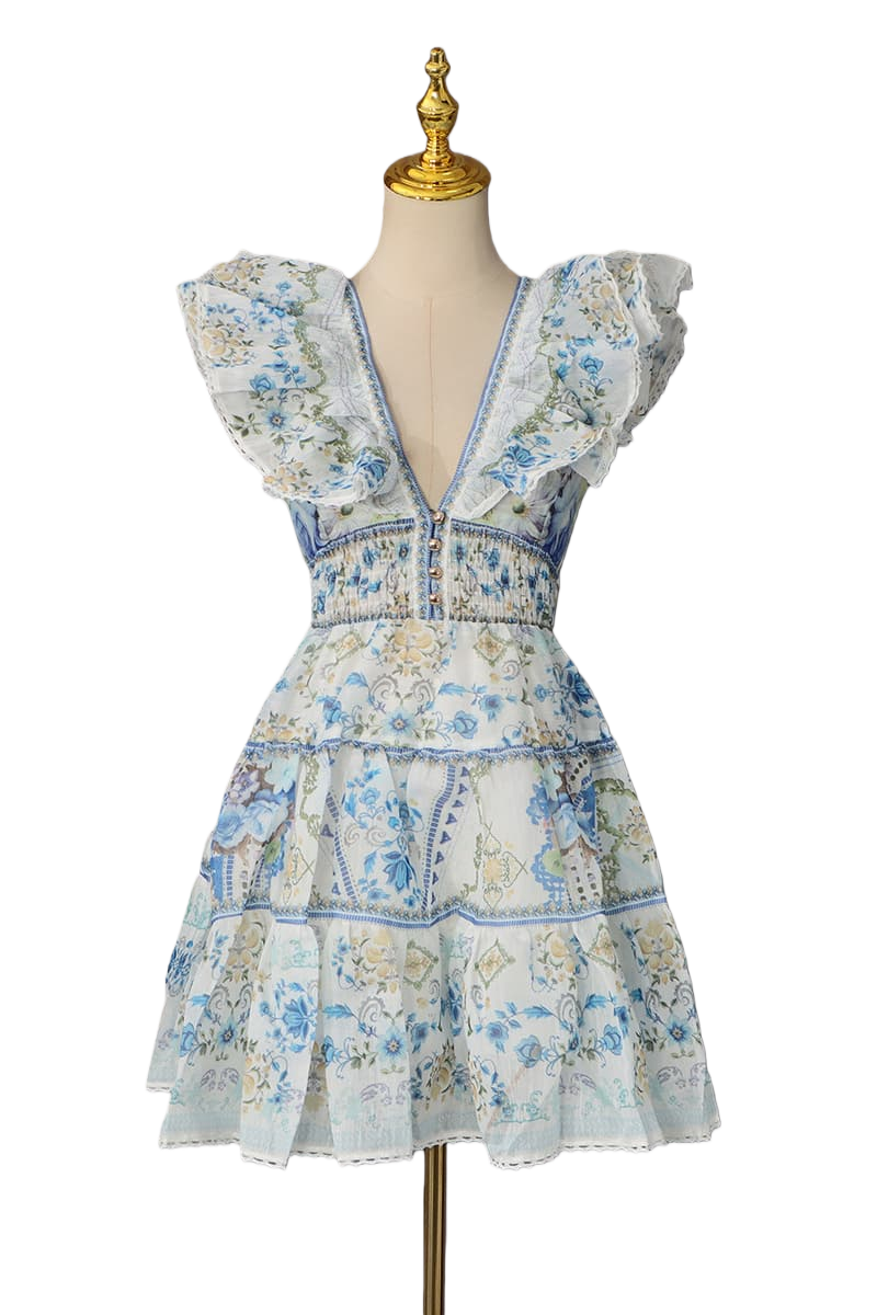 Deep V-neck Blue Floral Print A-Line Short Dress