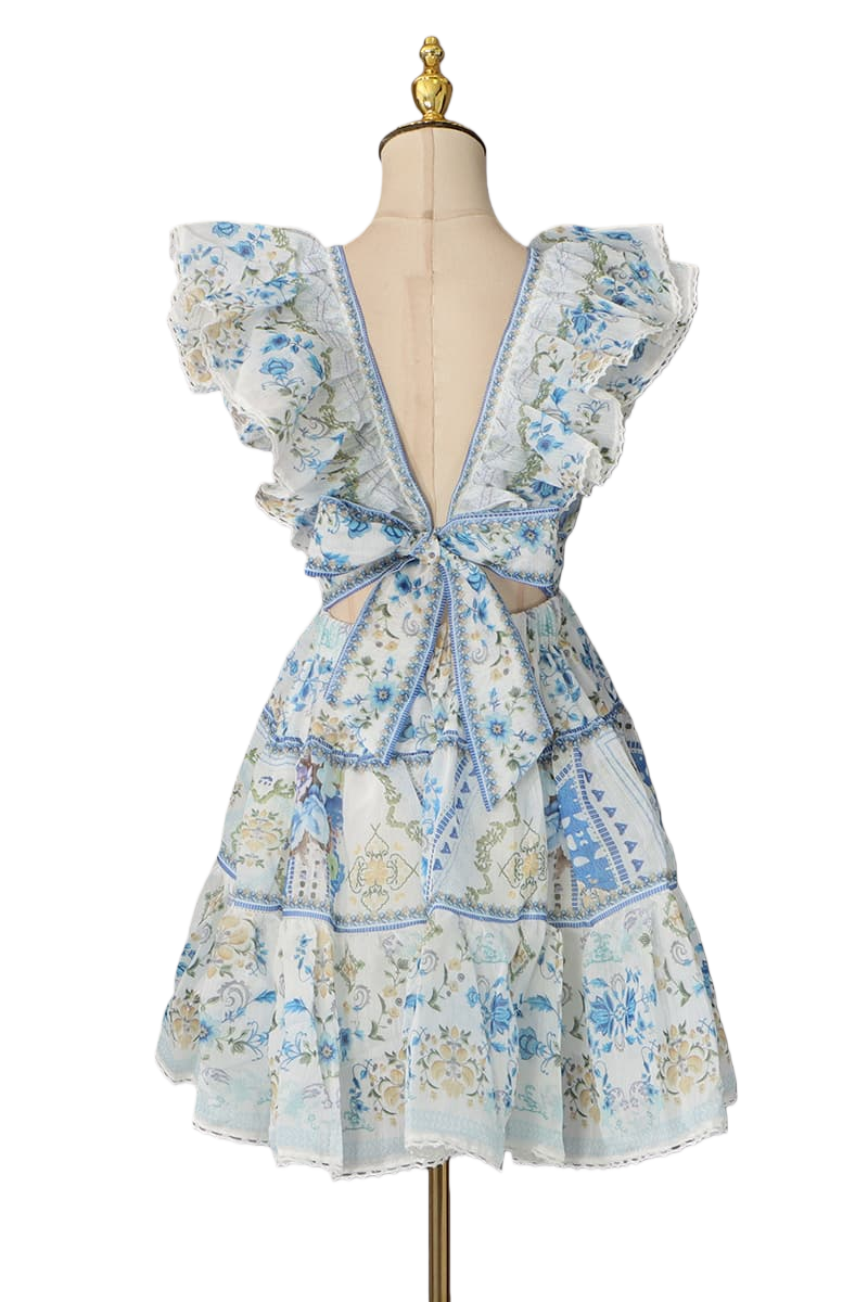 Deep V-neck Blue Floral Print A-Line Short Dress