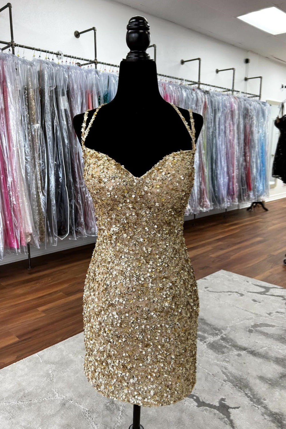 Double Straps Golden Sequin Tight Short Dress PollyBoutique Double Straps Golden Sequin Tight Short Dress PollyBoutique