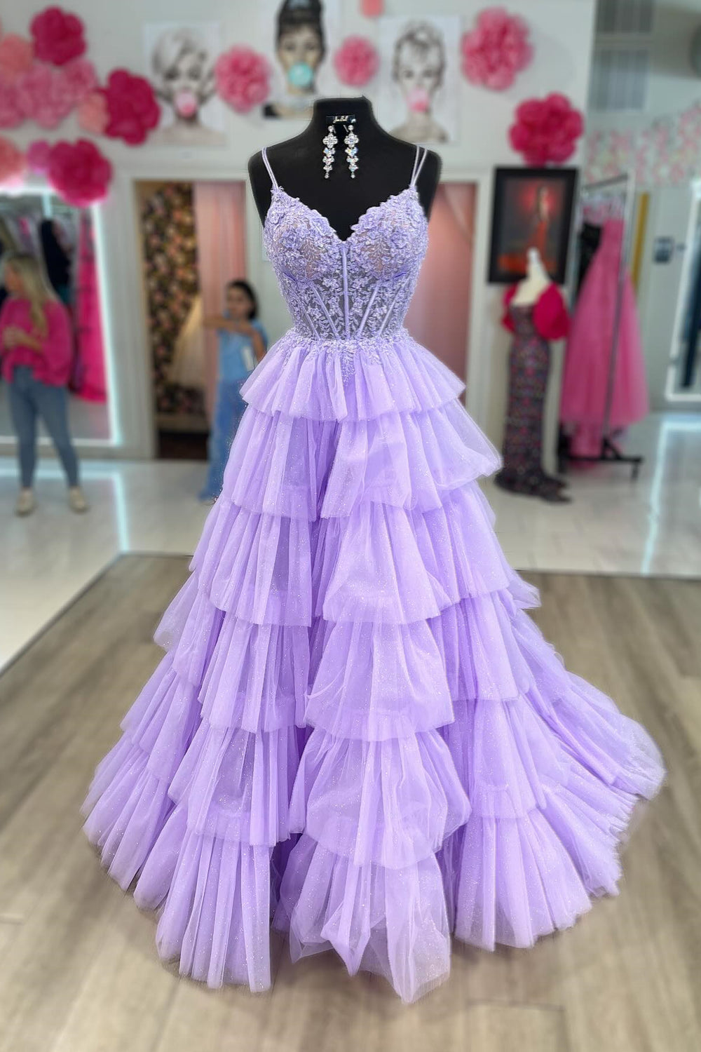 Double Straps Lavender Appliques Tiered Long Dress