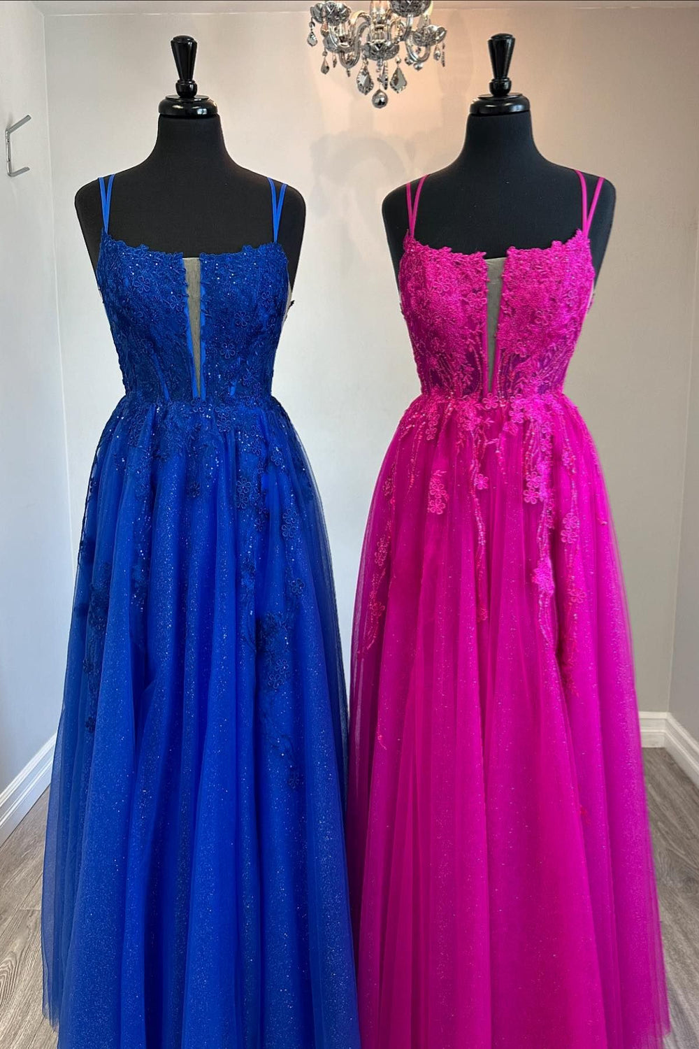 Double Straps Royal Blue Appliques Long Dress