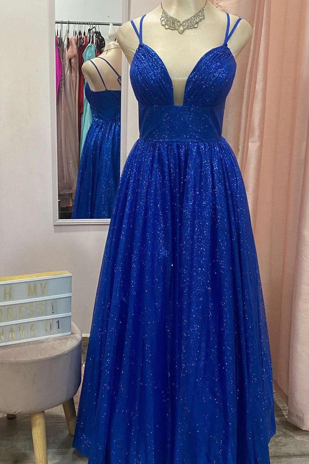 Double Straps Royal Blue Sparkle Tulle Long Dress