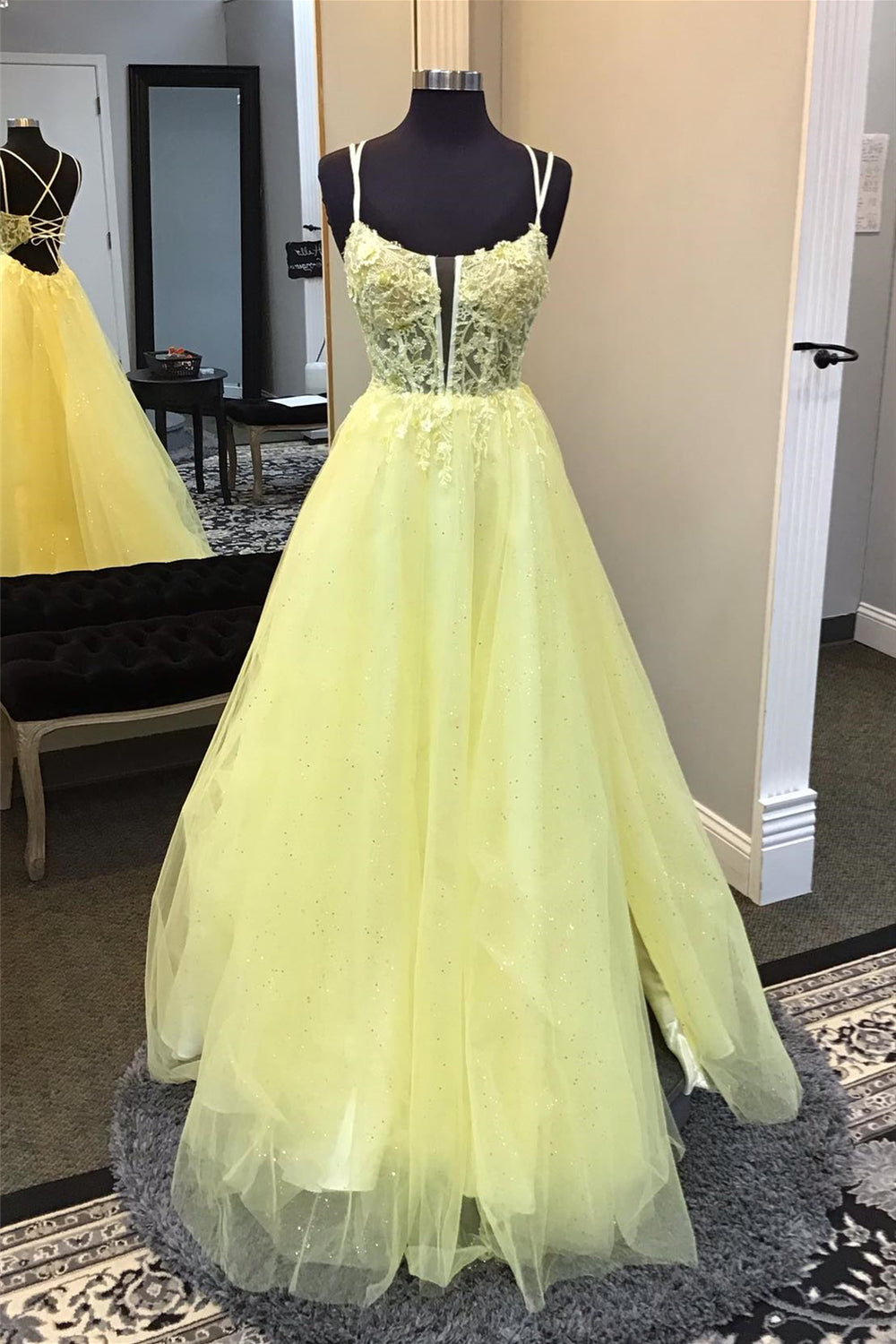 Double Straps Yellow Appliques Long Dress