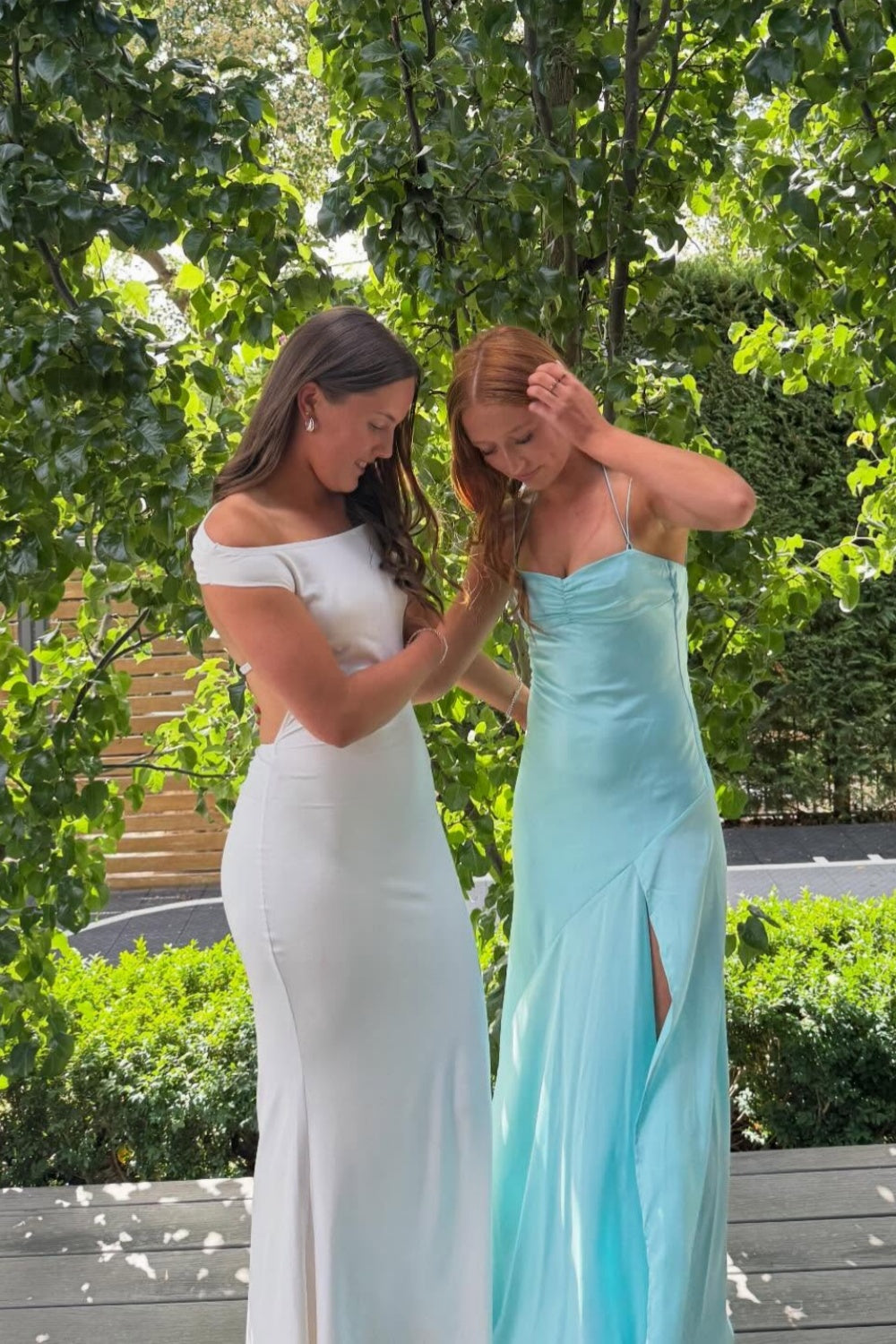 Double Straps Peach Ruched Long Dress with Slit