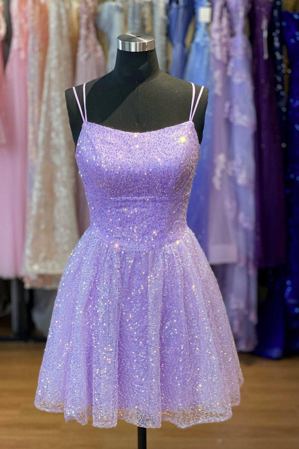 Double Straps Lavender Tulle Short Homecoming Dress