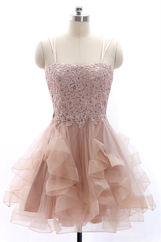 Dusty Pink Appliques Layered A-line Short Dress