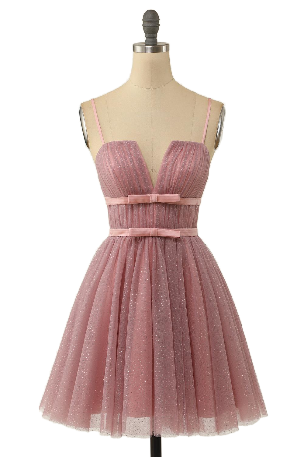 Dusty Pink Sparkle Tulle Short Dress with Bow