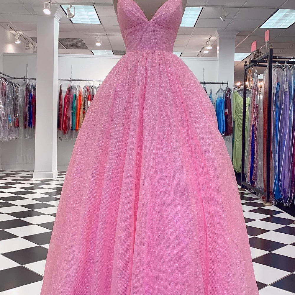 
                      
                        V-neck Pink Sparkle Tulle A-line Long Dress
                      
                    