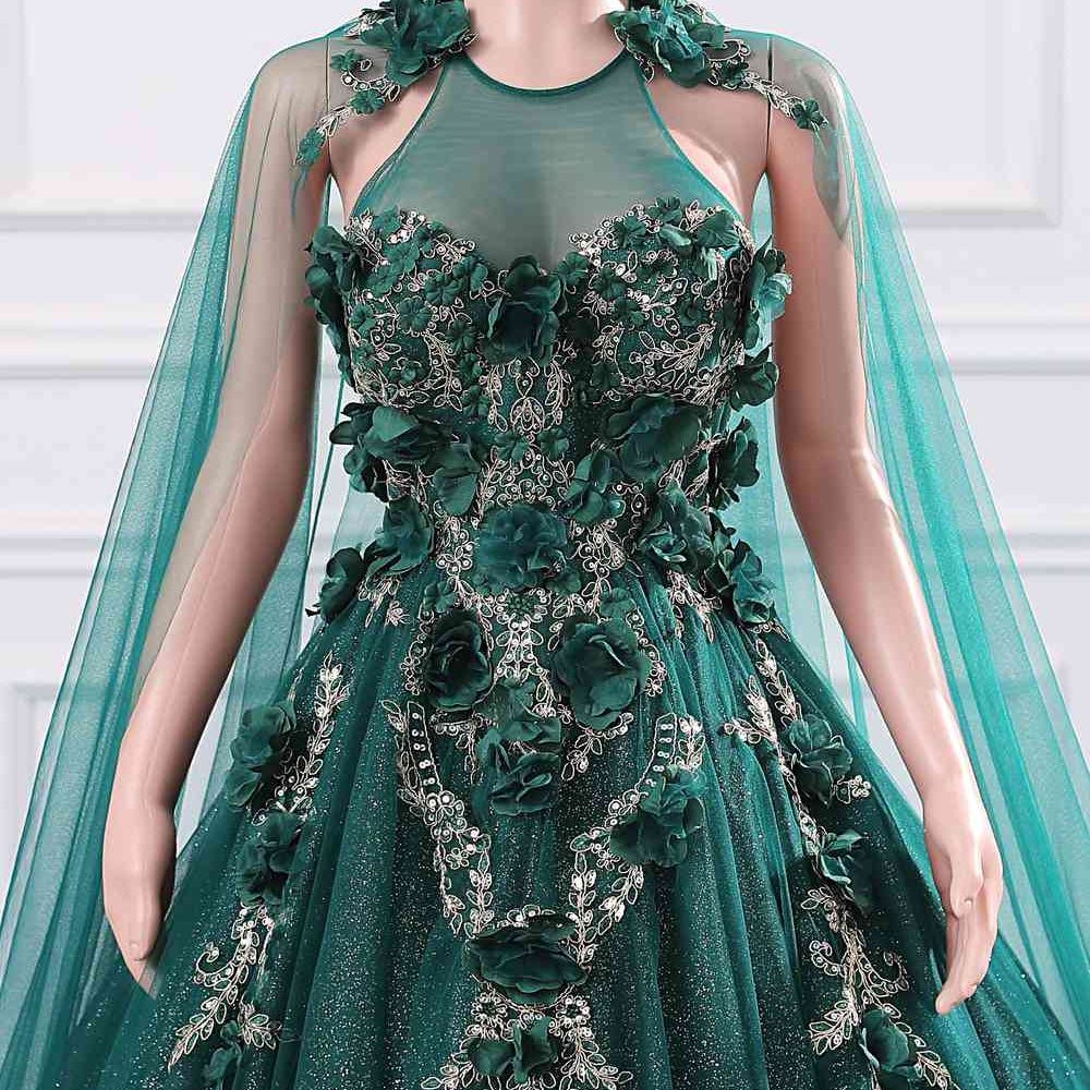 
                      
                        Emerald Green 3D Floral Long Dress with Cape
                      
                    