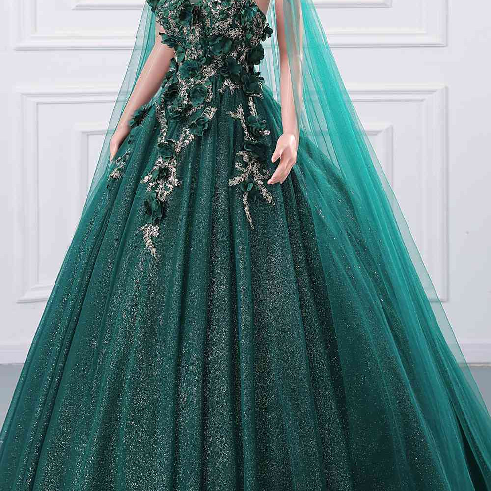 
                      
                        Emerald Green 3D Floral Long Dress with Cape
                      
                    