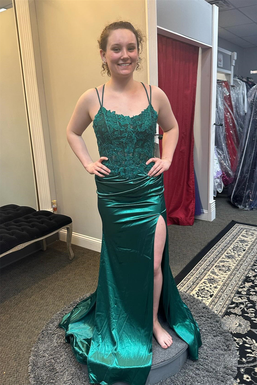 Emerald Green Appliques Long Dress with Slit