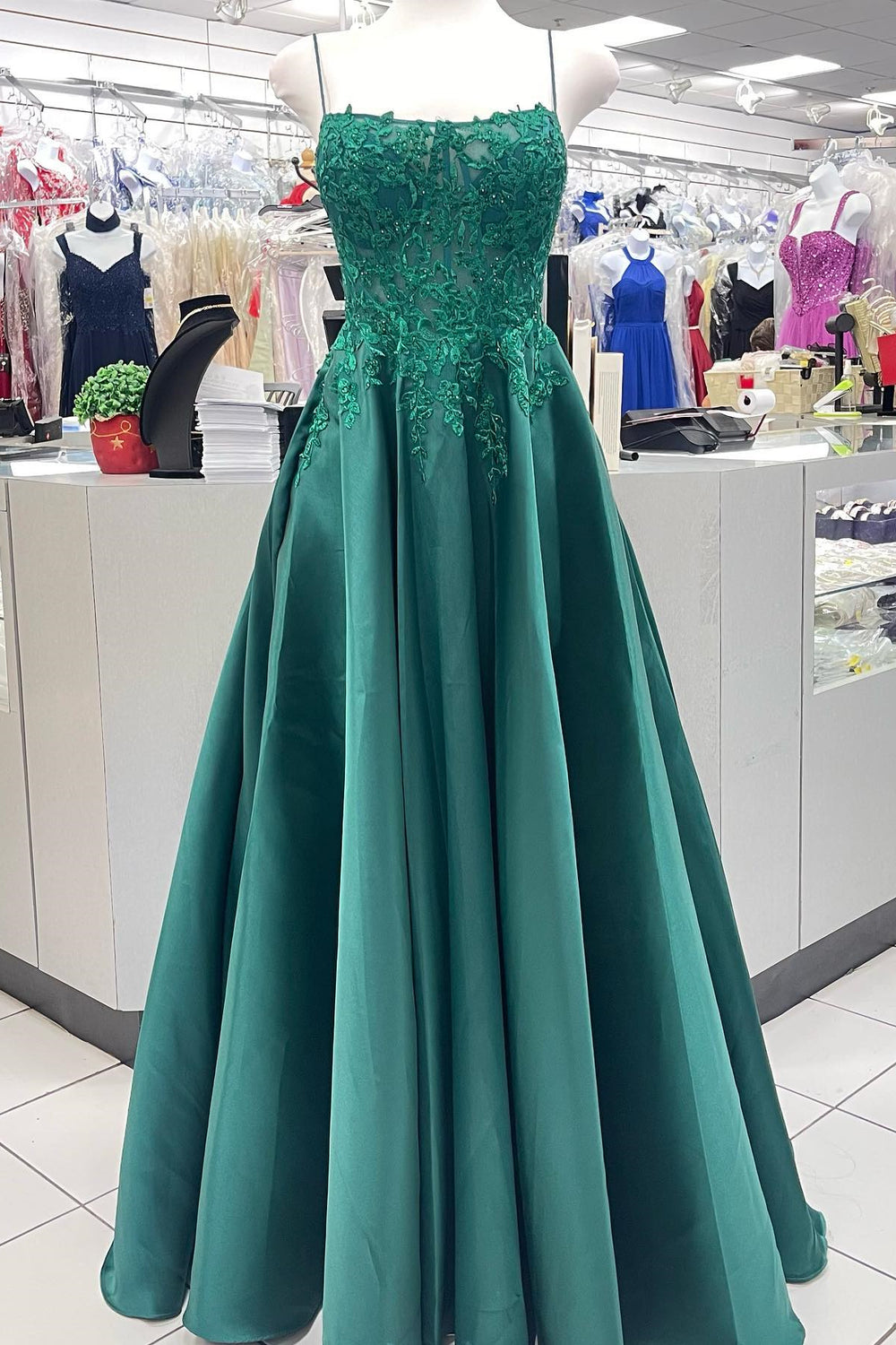 Emerald Green Appliques Satin Long Prom Dress