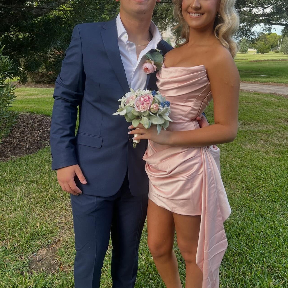 
                      
                        Cowl Neck Light Pink Short Dress with Side Train
                      
                    