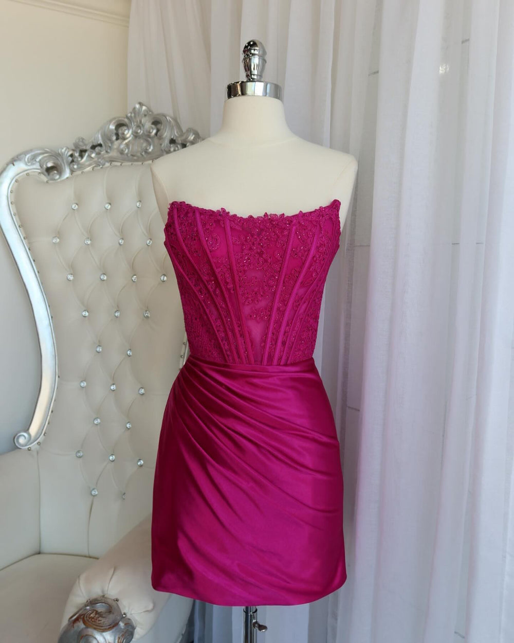 Fuchsia Appliques Ruched Bodycon Short Dress