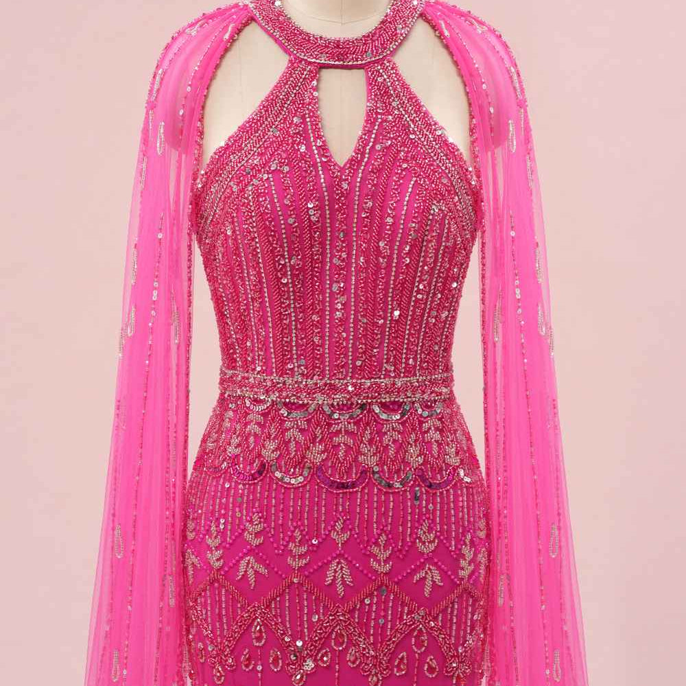 
                      
                        Hot Pink Beaded Long Dress with Cape Sleeves
                      
                    