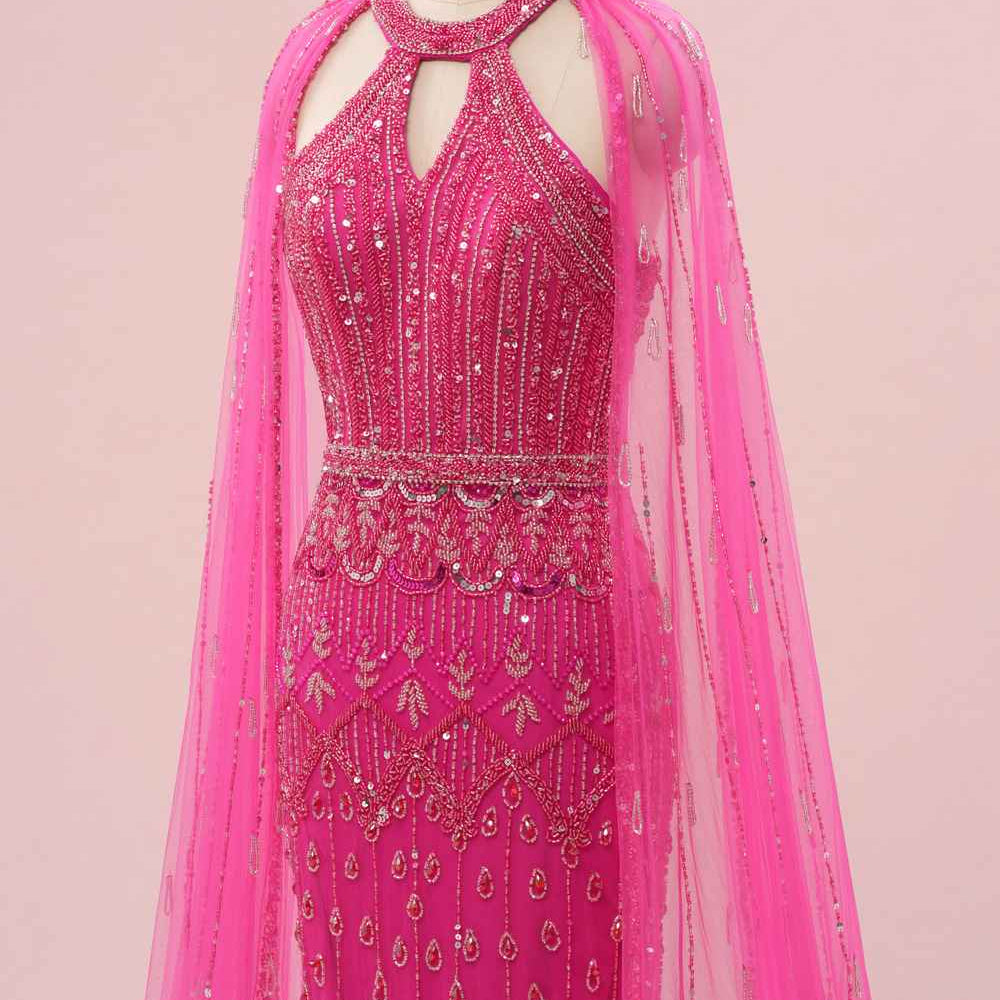 
                      
                        Hot Pink Beaded Long Dress with Cape Sleeves
                      
                    