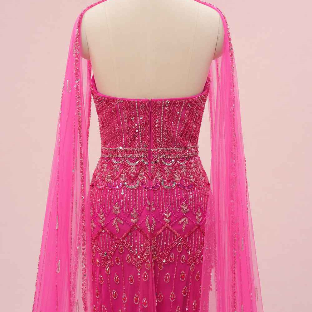 
                      
                        Hot Pink Beaded Long Dress with Cape Sleeves
                      
                    