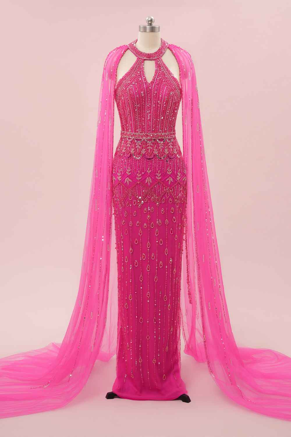 Hot Pink Beaded Long Dress with Cape Sleeves