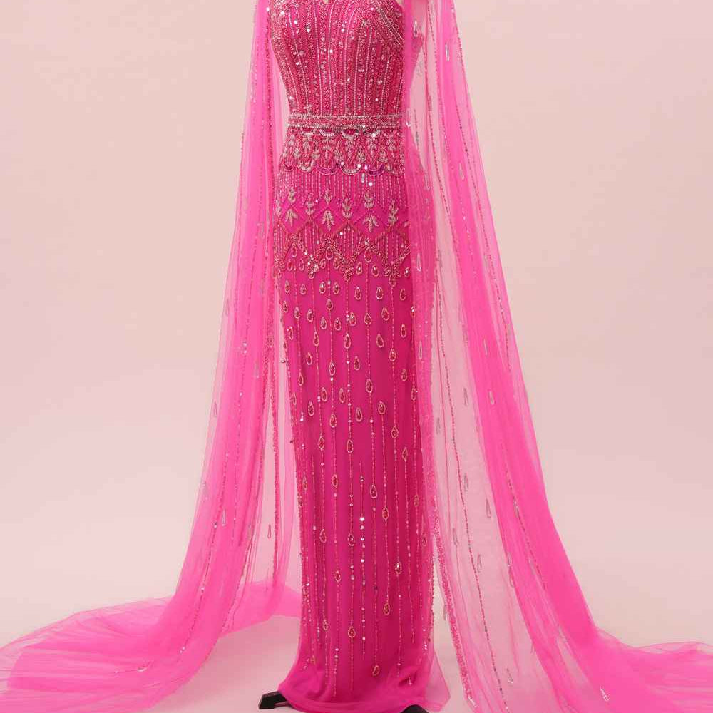 
                      
                        Hot Pink Beaded Long Dress with Cape Sleeves
                      
                    