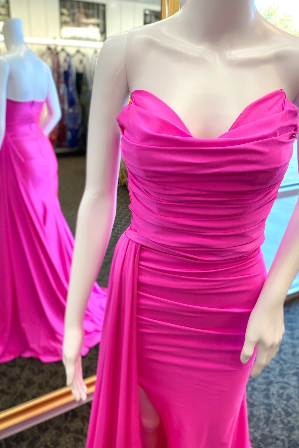 Hot Pink Ruched Mermaid Long Dress with Shawl