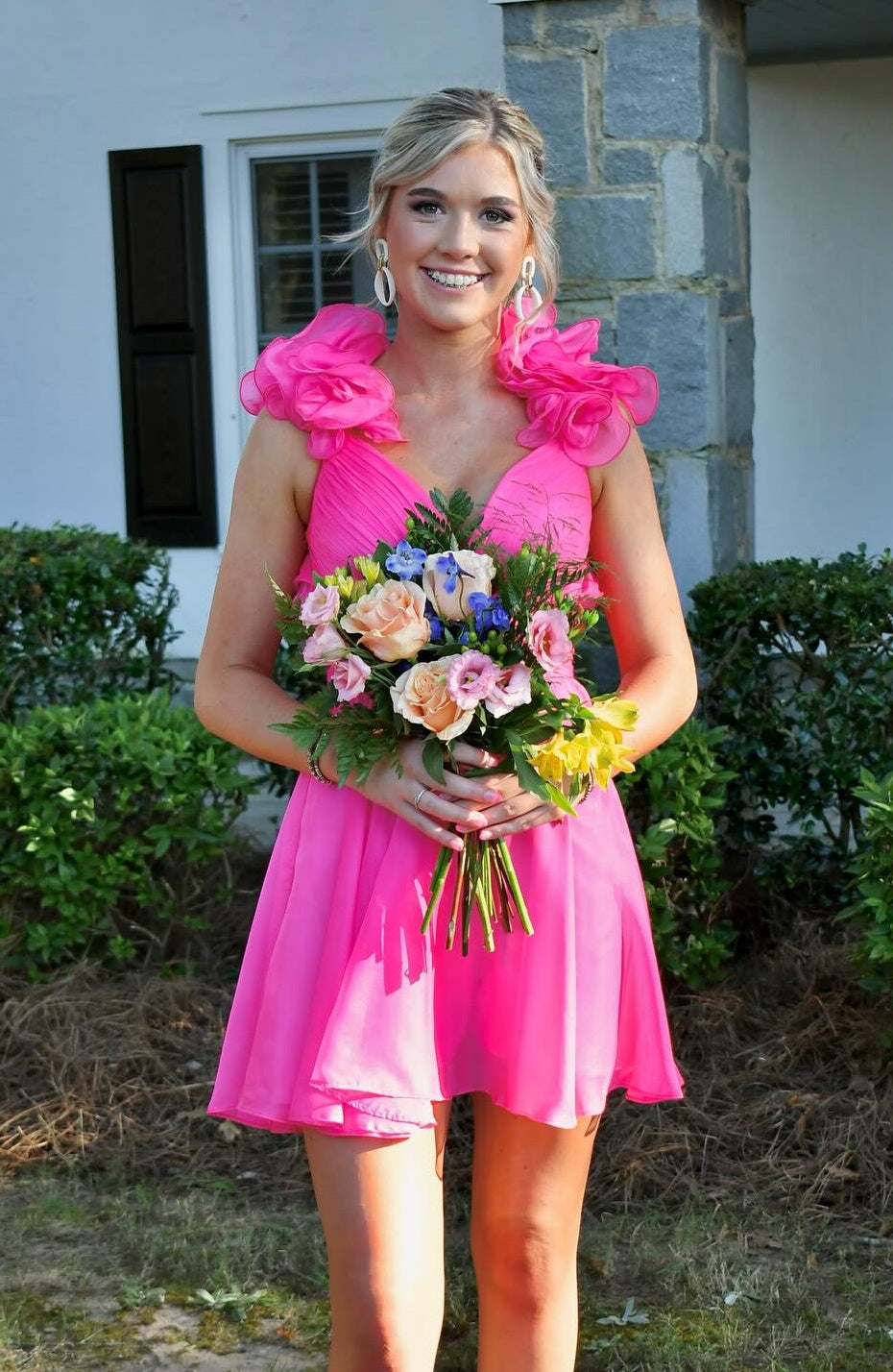 Hot Pink Short Chiffon Homecoming Dress