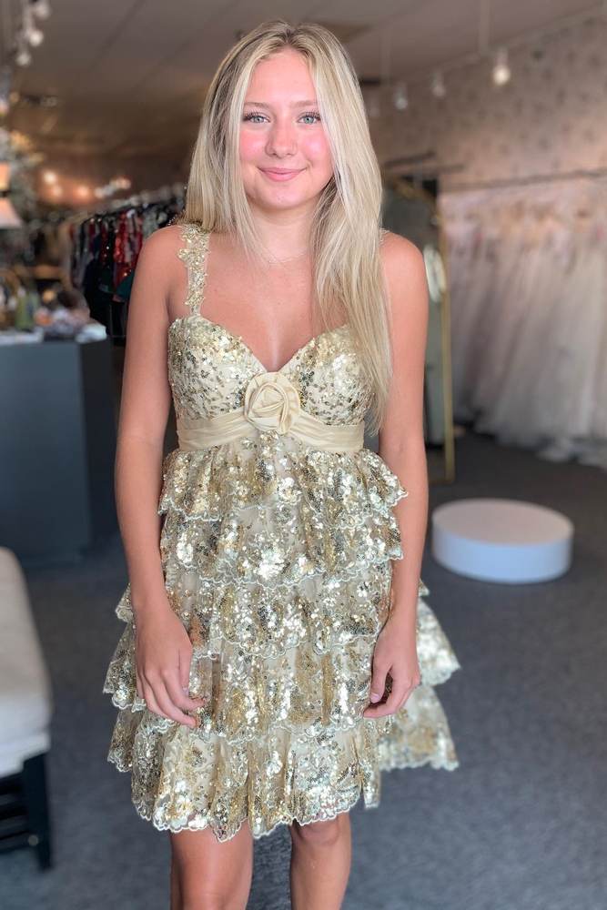 Light Blue Rosette Sequin Tiered Short Dress
