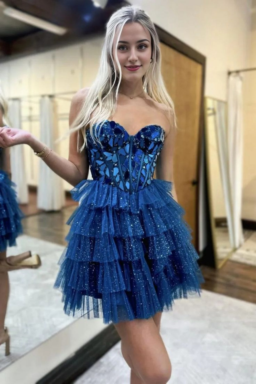 Sweetheart Ink Blue Mirror Glass Layered Short Dress